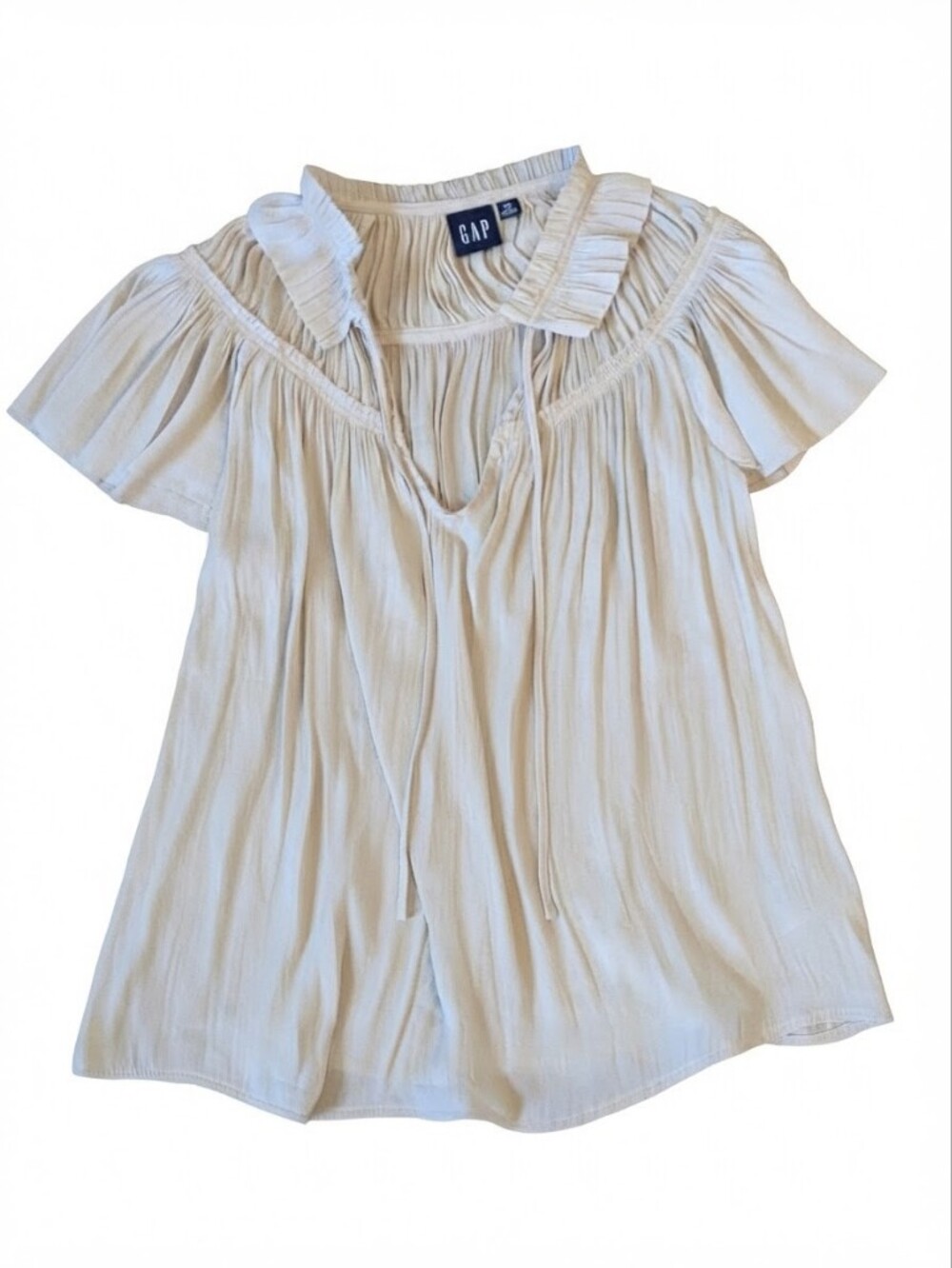 Gap Cream Pleated Tie Neck Blouse Top Women's XS Fairy Cottagecore Whimsigoth